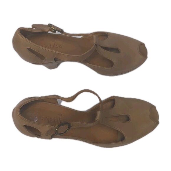 COCLICO Posey Tan Suede T-Strap Peep Toe Heels Wood Shoes EU 38.5 Spain US 7.5 - Picture 3 of 11